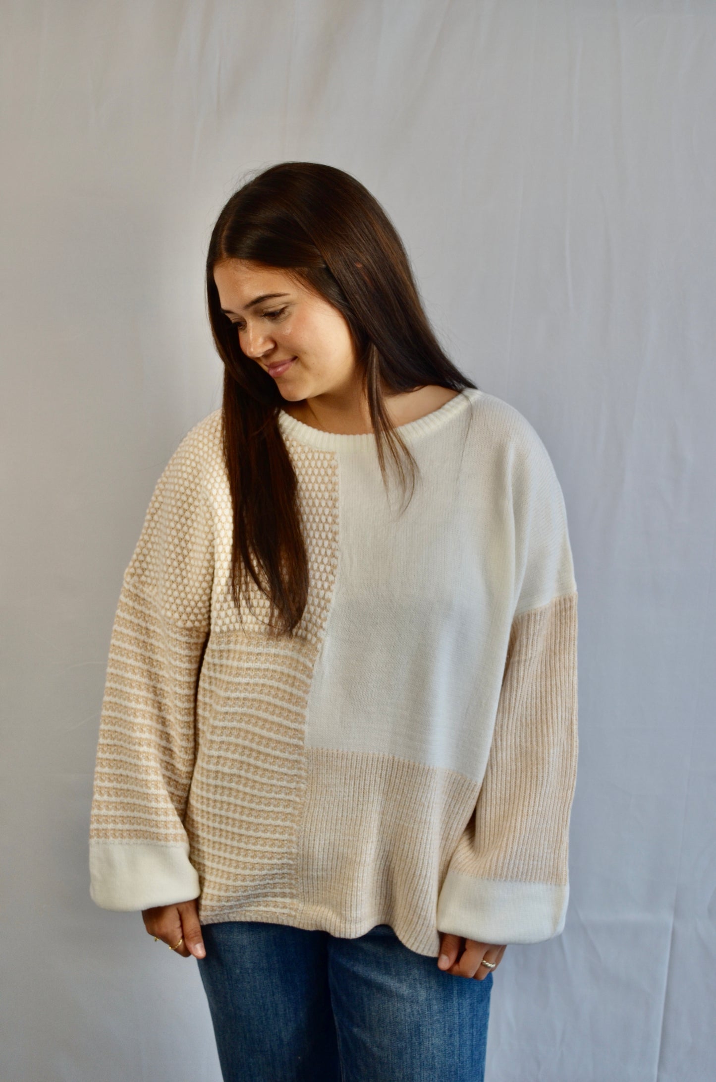 Janell Patchwork Tie Back Oversized Sweater