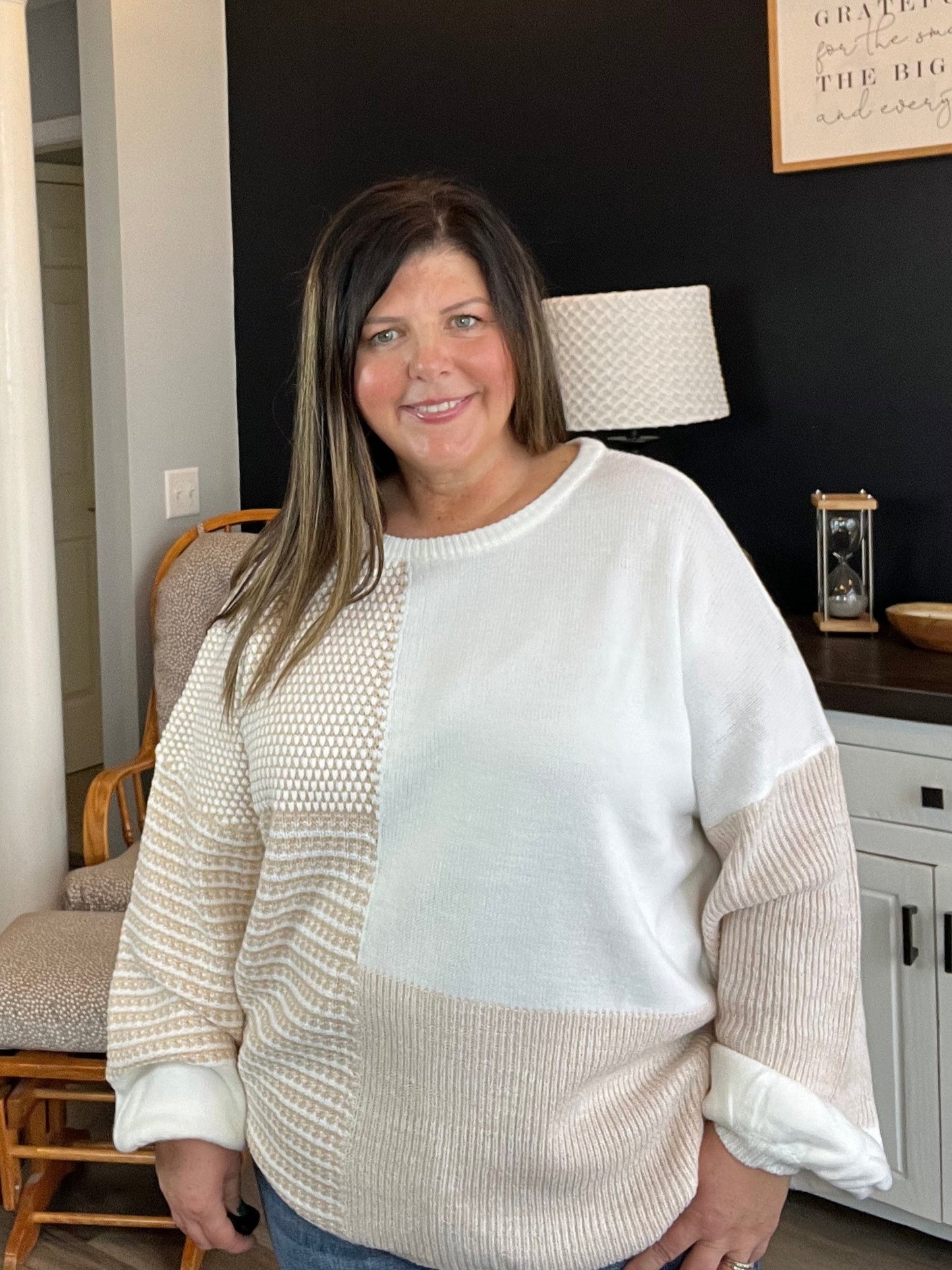 Janell Patchwork Tie Back Oversized Sweater