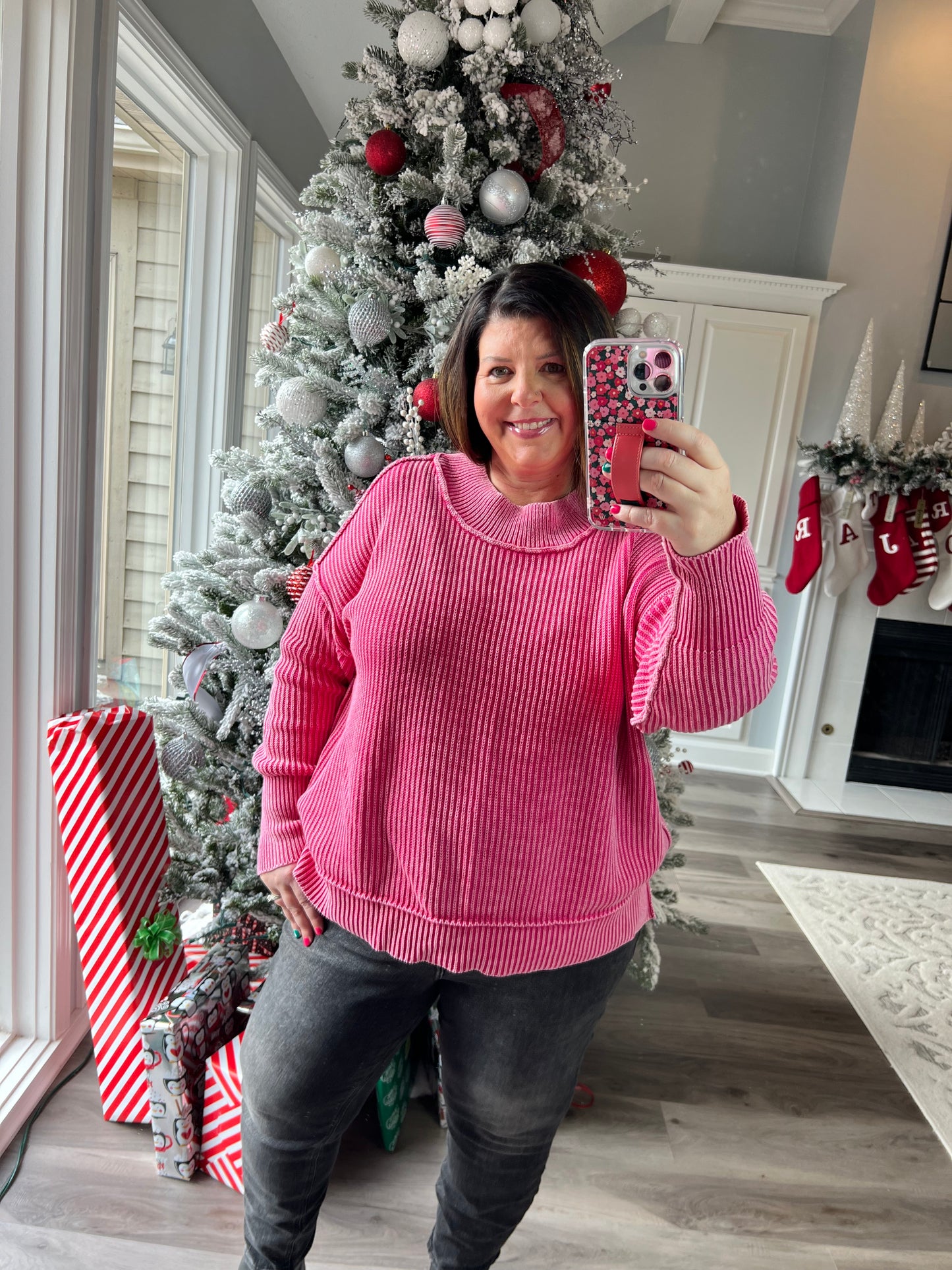 Pink Mineral Washed Side Slit Oversized Sweater