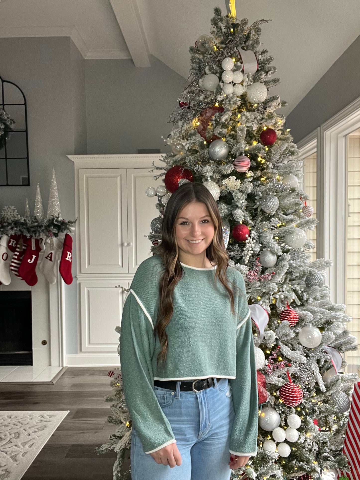 Pine Green Loose Knit Boat Neck Exposed Seam Crop Sweater