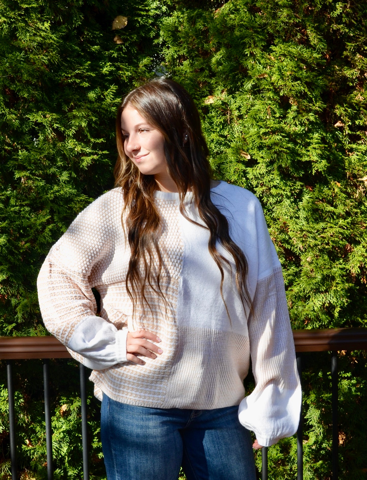 Janell Patchwork Tie Back Oversized Sweater