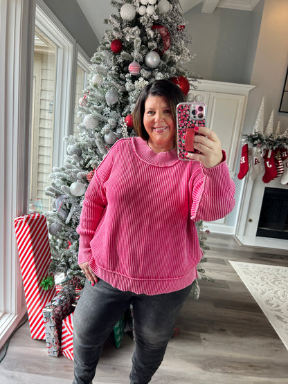 Pink Mineral Washed Side Slit Oversized Sweater